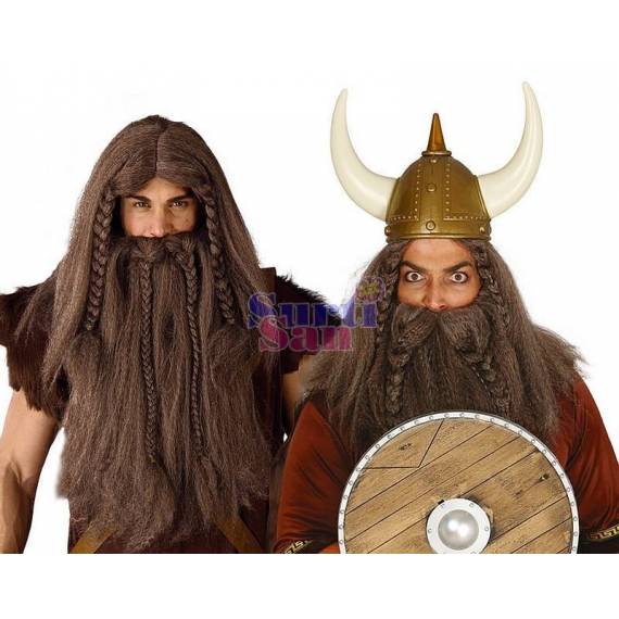 peluca y barba vikingo marron